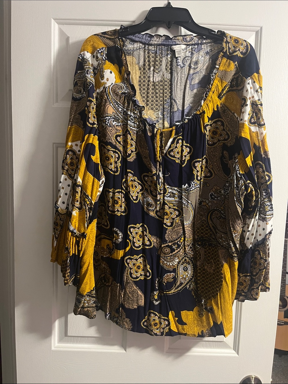 Boho Paisley Peasant Blouse in Navy & Mustard